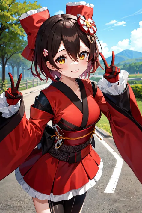 masterpiece, best quality, highres, ccroboco, android, short hair, hair between eyes, gradient hair, hair ornament, hair bow, red bow, mechanical arms, mechanical legs, frills, japanese clothes, red kimono, wide sleeves, obi, sash, <lora:roboco-san_v1:0.8>, smile, peace sign, outdoors