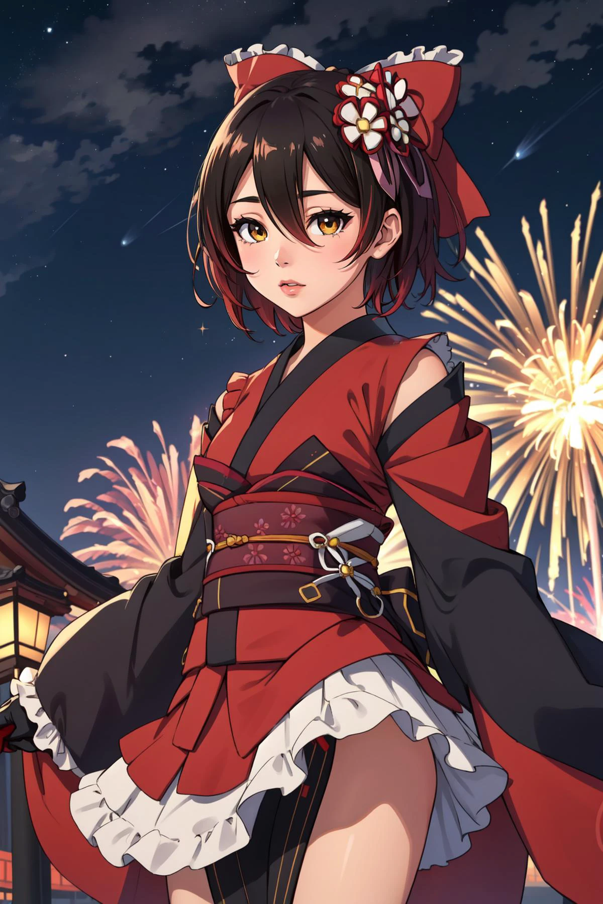 (masterpiece, best quality), intricate details,
1girl, <lora:roboco-san_v1:0.8> ccroboco, android, short hair, hair between eyes, gradient hair, hair ornament, hair bow, red bow, mechanical arms, mechanical legs, frills, japanese clothes, red kimono, wide sleeves, obi, sash,
night time, obon, japanese village, festival, fireworks, starry sky, hill,