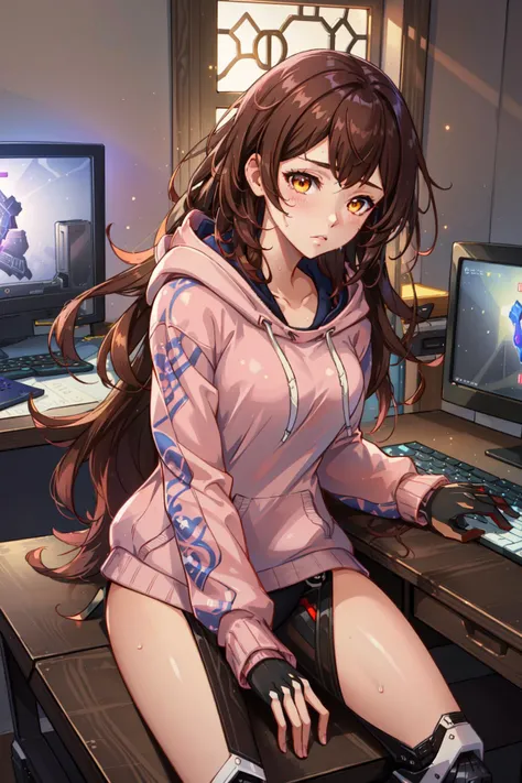 (masterpiece, best quality), intricate details,
1girl, <lora:roboco-san_v1:0.8> aaroboco, android, long hair, brown hair, gradient hair, mechanical arms, mechanical legs, hood, hood down, pink hoodie, long sleeves,
sweating,
indoors, gamer, rgb keyboard, monitors, computer, desk,