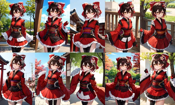 masterpiece, best quality, highres, ccroboco, android, short hair, hair between eyes, gradient hair, hair ornament, hair bow, red bow, mechanical arms, mechanical legs, frills, japanese clothes, red kimono, wide sleeves, obi, sash, <lora:roboco-san_v1:0.8>, standing, cowboy shot, outdoors, arms at sides,