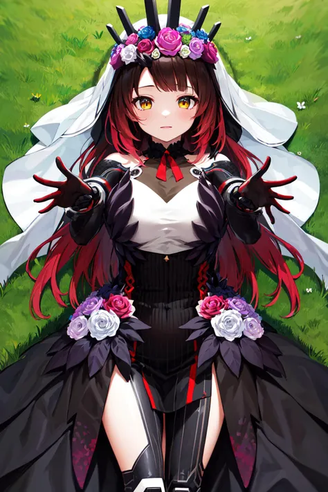 masterpiece, best quality, highres, ddroboco, android, long hair, gradient hair, veil, head wreath, mechanical arms, mechanical legs, black dress, <lora:roboco-san_v1:0.8>, lying, from above, (reaching out:1.3), grass, cowboy shot,