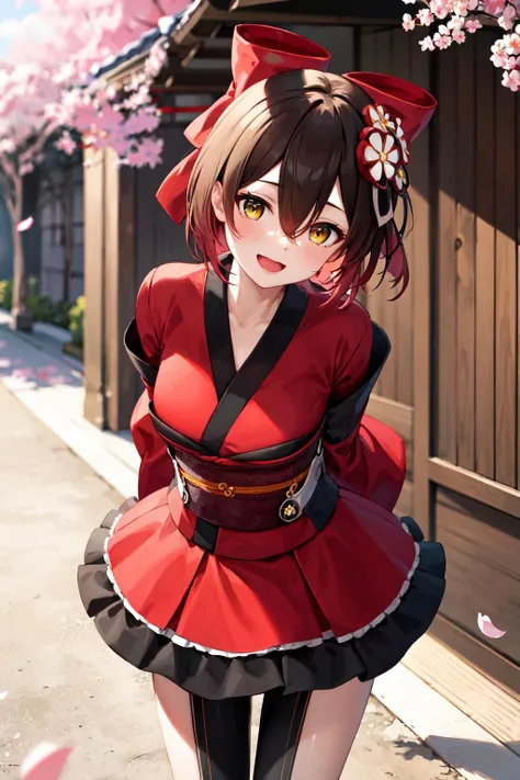 masterpiece, best quality, highres, ccroboco, android, short hair, hair between eyes, gradient hair, hair ornament, hair bow, red bow, mechanical arms, mechanical legs, frills, japanese clothes, red kimono, wide sleeves, obi, sash, <lora:roboco-san_v1:0.8>, arms behind back, cherry blossoms, outdoors, standing, cowboy shot, smile, open mouth, leaning forward,