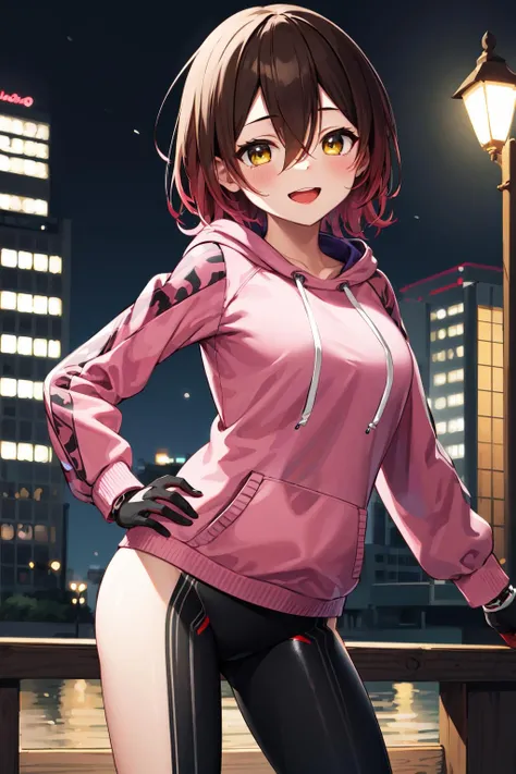RobocoSan, upper body, character focus,
1girl, roboco-san, mechanical legs, animal ears, brown hair, glasses, solo, smile, navel, bunny pose, red-framed eyewear, short hair, gloves, breasts, multicolored hair, heart, blush, pink hoodie, brown eyes, gradient hair, hood, hoodie, looking at viewer, grin, arms behind back,
(best quality:1.2),(masterpiece:1.3),(detailed description)+,(best quality)+,(extremely detailed)+,(masterpiece)+,(ultra detailed)+,(best illustration)++,(best shadow),original, illustration, best quality, masterpiece, dynamic angle, detailed beautiful background:(ruin) messy building,city,in alley,(Kowloon), depth of field, beautiful light and shadow, 8K UHD,High definition,trending on artstation,highres,high resolution illustration,High quality texture,detailed texture,finely detailed,high detail,extremely detailed cg,High quality shadow,Detailed beautiful delicate face,Detailed beautiful delicate eyes, Depth of field,Cinematic Light,Light Leaks,Lens Flare,Ray tracing,20s, (steampunk), dynamic angle, pov, dynamic, (night),