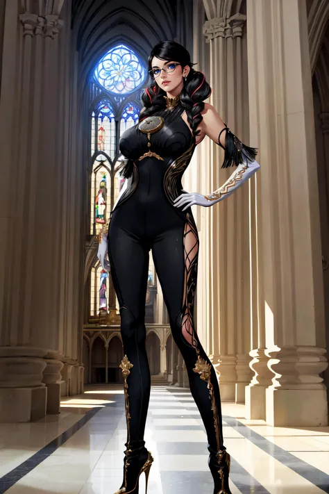 (masterpiece, best quality, ultra detailed, absurdres)1.5, 1girl, (sexy, beautiful woman, perfect face, perfect eyes, perfect female body, huge breasts)1.5, (bayonetta_2_shorthair_aiwaifu, short hair, black hair, alternate hair length, eyeshadow, lipstick makeup, eyeglasses, black framed eyewear, black bodysuit, white elbow gloves, black boots, high heel boots, chain, cleavage cutout, <lora:bayonetta_2_aiwaifu:1>), (standing, inside a cathedral), perfect lighting, smooth, hdr