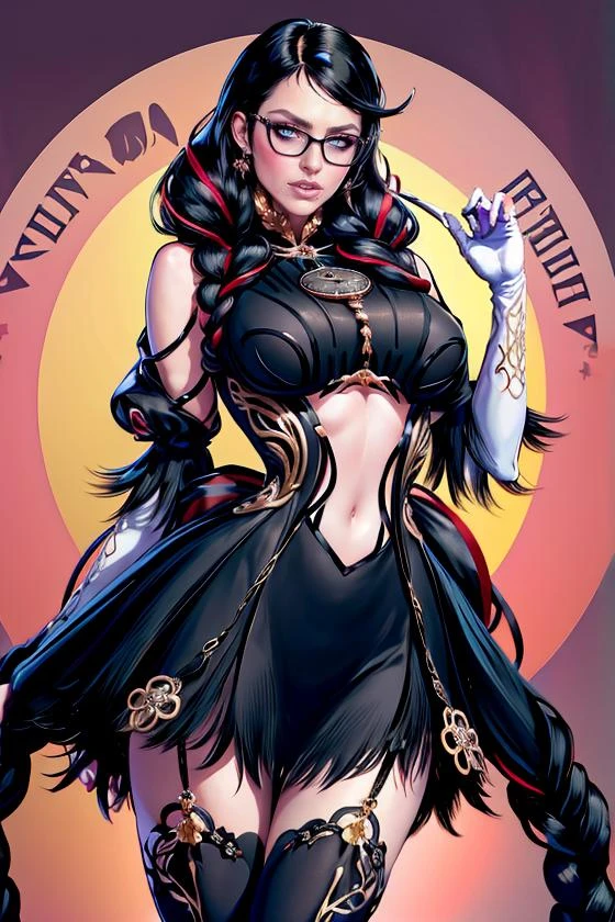 (masterpiece:1.4),(best quality:1.4),(absurdres:1.4),pin-up, <lora:GAME_bayonetta_3_aiwaifu-10:1>, bayonetta_3_twintail_aiwaifu,glasses,blue_eyes ,black_hair,long_hair,two-tone_hair,twintails,breasts,jewelry,earrings,gloves,mole_under_mouth,lips,large_breasts,twin_braids,makeup,black-framed_eyewear,bodysuit,elbow_gloves,very_long_hair,lipstick,multicolored_hair,ribbon,amulet,hair_ribbon,dress,thighhighs,white_gloves,eyeshadow,bangs,clothing_cutout, (absurdres, highres, incredibly_absurdres:1.4),scenery,masterpiece,
