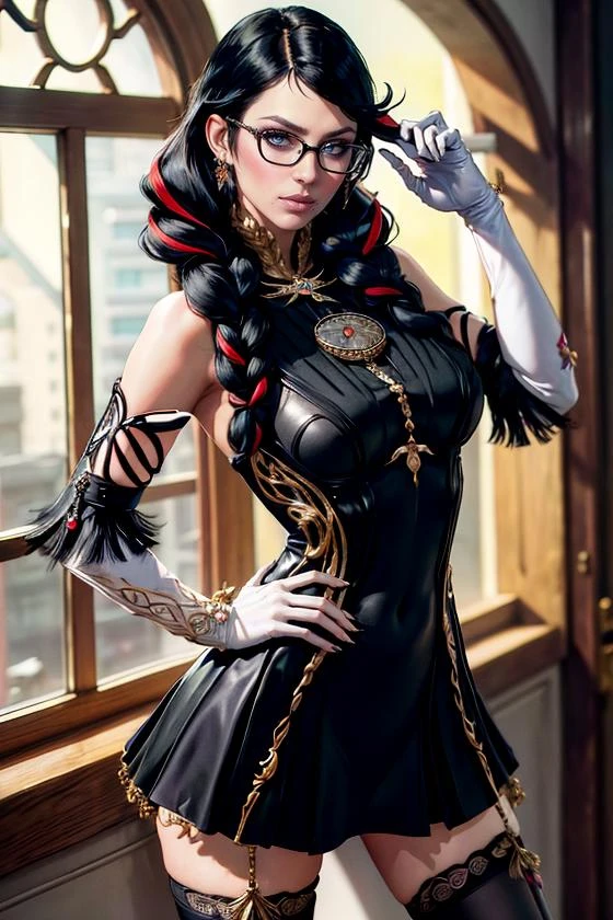 (masterpiece:1.4),(best quality:1.4),(absurdres:1.4),pin-up, <lora:GAME_bayonetta_3_aiwaifu-10:0.8>, bayonetta_3_twintail_aiwaifu,glasses,blue_eyes ,black_hair,long_hair,two-tone_hair,twintails,breasts,jewelry,earrings,gloves,mole_under_mouth,lips,large_breasts,twin_braids,makeup,black-framed_eyewear,bodysuit,elbow_gloves,very_long_hair,lipstick,multicolored_hair,ribbon,amulet,hair_ribbon,dress,thighhighs,white_gloves,eyeshadow,bangs,clothing_cutout, (absurdres, highres, incredibly_absurdres:1.4),scenery,masterpiece,