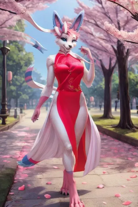 uploaded on e621, explicit content, 3d:0.4, (bastika, cutesexyrobutts, hioshiru), (furry, anthro:1.2), female, solo, sylveon, cherry blossom park, walking, petals falling around her, serene expression <lora:Sylveon:0.8>, short, detailed hands, beautiful hands, detailed blue eyes, beautiful blue eyes, looking at viewer, smiling, short, small breasts
BREAK
cheongsam, sideboob, side slit:1.3, pink dress, (cheongsam embroidery), (Chinese pattern), (pattern), <lora:side_open_cheongsam_v1.0:1> sleeveless, pelvic curtain
masterpiece, (solo),
digitigrade, paws, furry girl, reflective eyes, extremely fluffy body fur, blushing, fangs, claws, glossy fur,
park