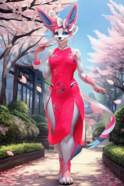 uploaded on e621, explicit content, 3d:0.4, (bastika, cutesexyrobutts, hioshiru), (furry, anthro:1.2), female, solo, sylveon, cherry blossom park, walking, petals falling around her, serene expression <lora:Sylveon:0.8>, short, detailed hands, beautiful hands, detailed blue eyes, beautiful blue eyes, looking at viewer, smiling, short, small breasts
BREAK
cheongsam, sideboob, side slit:1.3, pink dress, (cheongsam embroidery), (Chinese pattern), (pattern), <lora:side_open_cheongsam_v1.0:1> sleeveless, pelvic curtain
masterpiece, (solo),
digitigrade, paws, furry girl, reflective eyes, extremely fluffy body fur, blushing, fangs, claws, glossy fur,
park