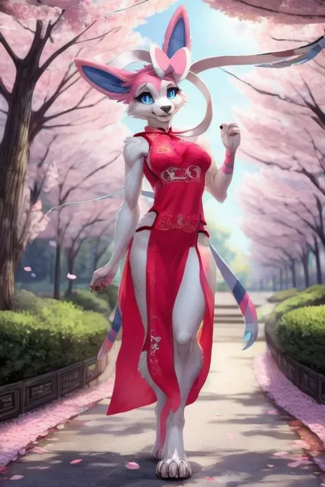uploaded on e621, explicit content, 3d:0.4, (bastika, cutesexyrobutts, hioshiru), (furry, anthro:1.2), female, solo, sylveon, cherry blossom park, walking, petals falling around her, serene expression <lora:Sylveon:0.8>, short, detailed hands, beautiful hands, detailed blue eyes, beautiful blue eyes, looking at viewer, smiling, short, small breasts
BREAK
cheongsam, sideboob, side slit:1.3, pink dress, (cheongsam embroidery), (Chinese pattern), (pattern), <lora:side_open_cheongsam_v1.0:1> sleeveless, pelvic curtain
masterpiece, (solo),
digitigrade, paws, furry girl, reflective eyes, extremely fluffy body fur, blushing, fangs, claws, glossy fur,
park