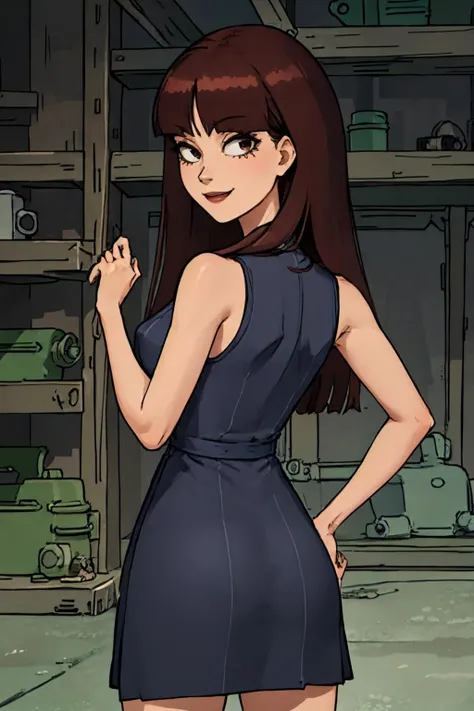 <lora:stacyR&M-000007:0.65> stacy, 1girl, breasts, solo, long hair,nude, brown hair, bangs,dress, cleavage, sleeveless,,hand on hip,upper body, simple background,cowboy shot,from behind, , looking at viewer, smile,