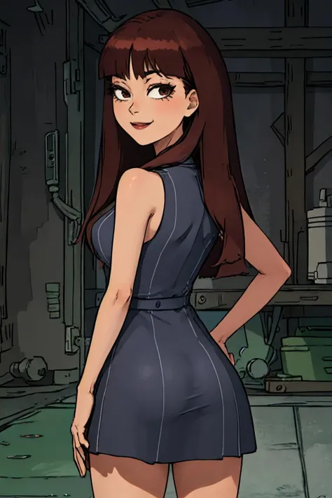 <lora:stacyR&M-000007:0.65> stacy, 1girl, breasts, solo, long hair,nude, brown hair, bangs,dress, cleavage, sleeveless,,hand on hip,upper body, simple background,cowboy shot,from behind, , looking at viewer, smile,