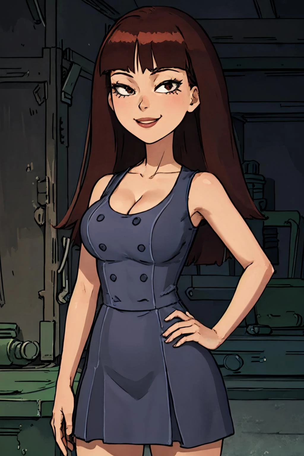 <lora:stacyR&M-000007:0.65> stacy, 1girl, breasts, solo, long hair,nude, brown hair, bangs,dress, cleavage, sleeveless,,hand on hip,upper body, simple background,cowboy shot, , looking at viewer, smile,
