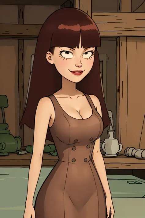 <lora:stacyR&M-000007:0.6> stacy, 1girl, breasts, solo, long hair,nude, brown hair, bangs,dress, cleavage, sleeveless,,upper body, simple background,cowboy shot, , looking at viewer, smile,