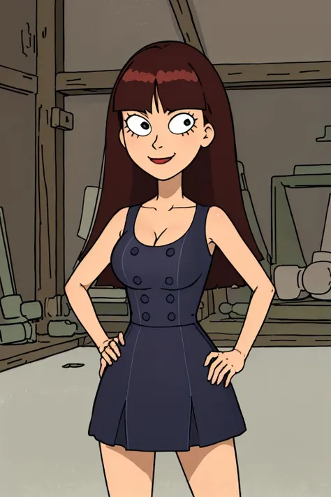 <lora:stacyR&M-000007:0.65> stacy, 1girl, breasts, solo, long hair,nude, brown hair, bangs,dress, cleavage, sleeveless,,hand on hip,upper body, simple background,cowboy shot, , looking at viewer, smile,