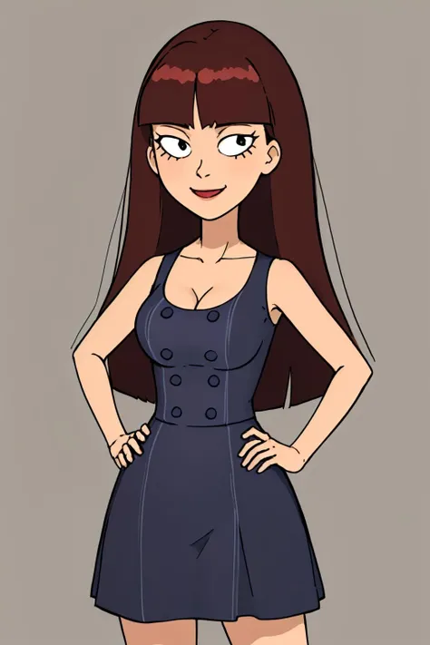 <lora:stacyR&M-000007:0.65> stacy, 1girl, breasts, solo, long hair,nude, brown hair, bangs,dress, cleavage, sleeveless,,hand on hip,upper body, simple background,cowboy shot, , looking at viewer, smile,