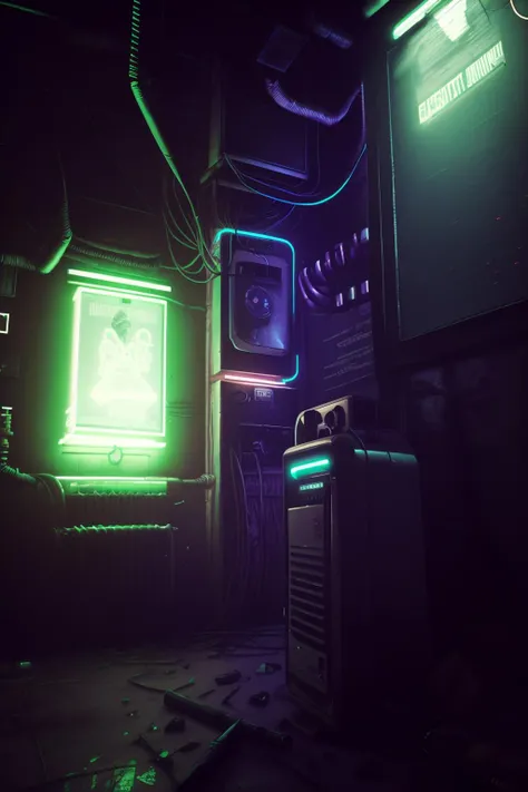 a neon sign is lit up in a dark room with a heater and a radiator in the corner, Eddie Mendoza, unreal 5 render, cyberpunk art, photorealism , the_observer