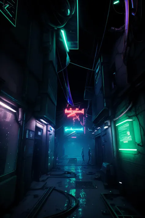 a man standing in a dark alley with a neon sign in the background and a neon sign in the foreground, Eddie Mendoza, cyberpunk, cyberpunk art, retrofuturism , the_observer