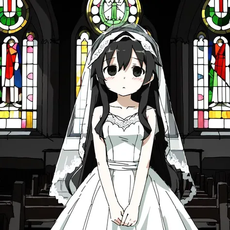 <lora:tsukumizuAva_v10:1>, <lora:avas_jun_07-03--tsukumizu_yuu_005-095--ham_rifl_09-01:1>, sketch, tsukumizu yuu \(style\), line art, solid colors, masterpiece,1girl,cowboy shot, very sad, wedding dress, church, stained glass windows, detailed shadows, detailed background, bridal veil, very long hair, black hair