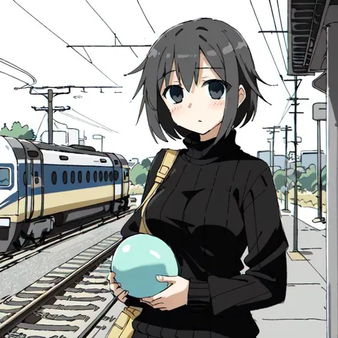 <lora:tsukumizuAva_v10:1>, <lora:avas_jun_07-03--tsukumizu_yuu_005-095--ham_rifl_09-01:1>, sketch, tsukumizu yuu \(style\), line art, solid colors, (1girl:1.1), ahoge, bangs, blunt bangs, cowboy shot, greyscale, hand on own chest, looking at viewer, pants, ribbed sweater, short hair, solo, sweater, turtleneck, turtleneck sweater, wavy hair, large breasts, holding a balloon, in front of a train station