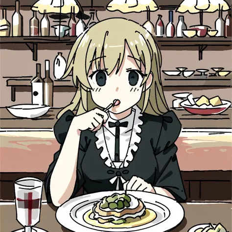 <lora:tsukumizuAva_v10:1>, <lora:avas_jun_07-03--tsukumizu_yuu_005-095--ham_rifl_09-01:1>, sketch, tsukumizu yuu \(style\), line art, solid colors, mouth open, cheers, leaning over, big plate of food, (Victorian:1.2), bar, crowd, beautiful, girl, pretty face, lips, beautiful eyes, intricate, elegant, drooling, looking at food