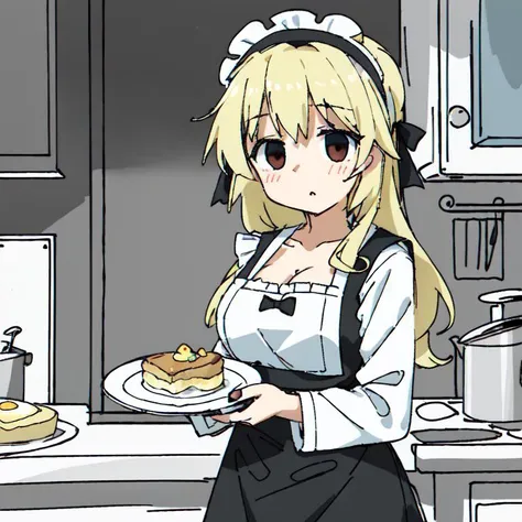 <lora:tsukumizuAva_v10:1>, <lora:avas_jun_07-03--tsukumizu_yuu_005-095--ham_rifl_09-01:1>, sketch, tsukumizu yuu \(style\), line art, solid colors, 1girl, apron, bangs, black dress, blonde hair, blue neckwear, blush, bow, bowtie, breasts, dress, eyebrows visible through hair, frilled apron, frills, hair over one eye, holding, holding plate, (large breasts:1.1), (cleavage:1.1), long hair, long sleeves, maid, maid headdress, parted lips, plate, red eyes, red nails, sidelocks, solo, white apron, american diner, omelette