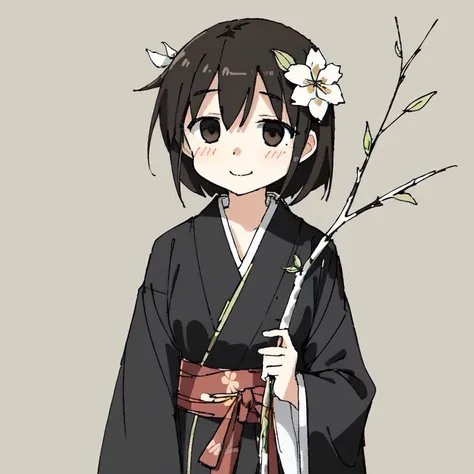 <lora:tsukumizuAva_v10:1>, <lora:avas_jun_07-03--tsukumizu_yuu_005-095--ham_rifl_09-01:1>, sketch, tsukumizu yuu \(style\), line art, solid colors, 1girl, black hair, branch, brown eyes, flower, hair flower, hair ornament, japanese clothes, kimono, leaf, looking at viewer, short hair, smile, solo