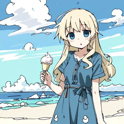 <lora:tsukumizuAva_v10:1>, <lora:avas_jun_07-03--tsukumizu_yuu_005-095--ham_rifl_09-01:1>, sketch, tsukumizu yuu \(style\), line art, solid colors,(masterpiece), (best quality), (ultra detailed), absurdres,1girl, holding ice cream, blonde hair, (long hair), ice cream, cloud, blue eyes, dress, blue sky, ocean, blue shirt, :o