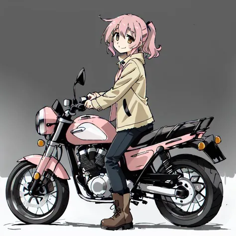 <lora:tsukumizuAva_v10:1>, <lora:avas_jun_07-03--tsukumizu_yuu_005-095--ham_rifl_09-01:1>, sketch, tsukumizu yuu \(style\), line art, solid colors, 1girl, bangs, blurry, blurry background, boots, brown eyes, eyebrows visible through hair, ground vehicle, hair ornament, hairclip, highres, jacket, medium hair, motor vehicle, motorcycle, pink hair, ponytail, smile, solo