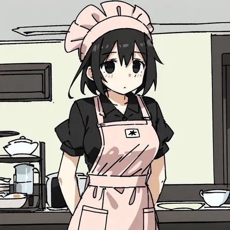 <lora:tsukumizuAva_v10:1>, <lora:avas_jun_07-03--tsukumizu_yuu_005-095--ham_rifl_09-01:1>, sketch, tsukumizu yuu \(style\), line art, solid colors, 1girl, apron, black hair, breasts, button gap, frilled apron, frills, hair between breasts, indoors, large breasts, looking at viewer, maid headdress, mole, mole under eye, name tag, notice lines, pink eyes, pink shirt, restaurant, shirt, speech bubble, upper body, waitress, white apron