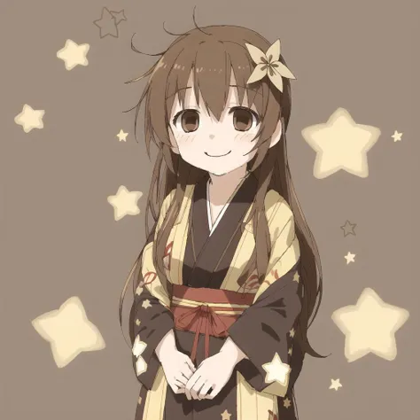 <lora:avas_jun_07-03--tsukumizu_yuu_005-095--ham_rifl_09-01:1>,
brown eyes, brown hair, character name, dress, kimono, long hair, smile, stars