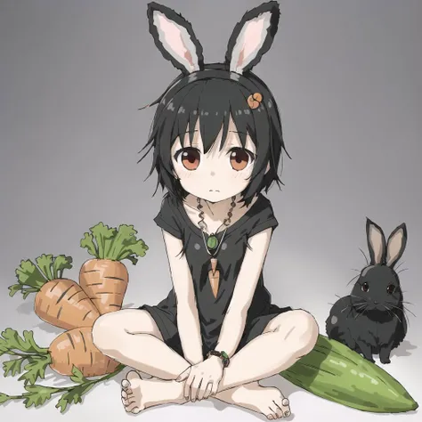 <lora:avas_jun_07-03--tsukumizu_yuu_005-095--ham_rifl_09-01:1>,
1girl, :/, animal ears, barefoot, black hair, carrot, carrot necklace, jewelry, legs, looking at viewer, pendant, rabbit ears, red eyes, short hair, sitting, solo