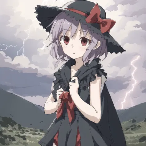 <lora:avas_jun_07-03--tsukumizu_yuu_005-095--ham_rifl_09-01:1>,
1girl, bow, dress, female focus, frills, hat, lightning, purple hair, red eyes, ribbon, shawl, short hair, solo