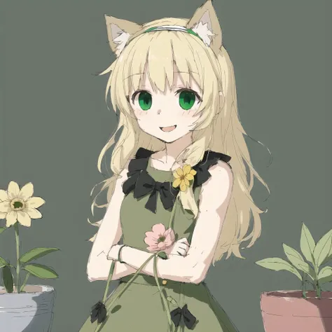 <lora:avas_jun_07-03--tsukumizu_yuu_005-095--ham_rifl_09-01:1>,
1girl, :d, animal ear fluff, animal ears, bangs, black hairband, blonde hair, blurry, blurry background, depth of field, dress, flower, flower pot, frilled dress, frills, green dress, green eyes, hairband, holding, long hair, open mouth, pink flower, plant, potted plant, sketch, sleeveless, sleeveless dress, smile, solo, tail, twitter username, wrist cuffs, yellow flower