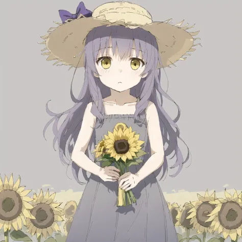 <lora:avas_jun_07-03--tsukumizu_yuu_005-095--ham_rifl_09-01:1>,
1girl, bare arms, blue ribbon, bouquet, bow, collarbone, dress, flower, grey dress, hat, hat bow, holding, holding bouquet, long dress, long hair, looking at viewer, purple bow, purple hair, ribbon, sleeveless, sleeveless dress, solo, standing, straight hair, straw hat, sun hat, sundress, sunflower, very long hair, yellow eyes, yellow flower, yellow headwear