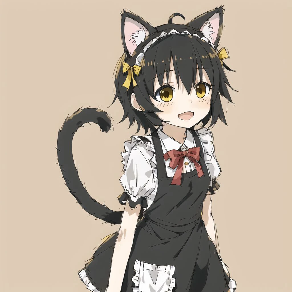 <lora:avas_jun_07-03--tsukumizu_yuu_005-095--ham_rifl_09-01:1>,
1girl, :3, animal ears, apron, black hair, blush, cat day, cat ears, cat tail, chibi, dress, fang, frills, highres, maid, maid apron, maid headdress, open mouth, ribbon, ribbon8holic, short hair, smile, solo, tail, yellow eyes