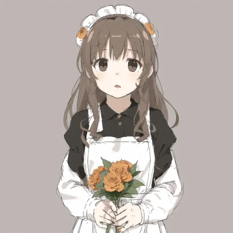 <lora:avas_jun_07-03--tsukumizu_yuu_005-095--ham_rifl_09-01:1>,
1girl, apron, bangs, black dress, brown hair, closed mouth, collared dress, dress, fingernails, flower, frilled apron, frills, grey eyes, highres, holding, holding flower, leaf, lips, long hair, long sleeves, maid, maid apron, maid headdress, orange flower, orange rose, rose, simple background, sleeve cuffs, solo, tan background, twitter username, upper body, white apron, white headdress, yuum1709