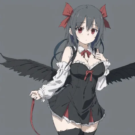 <lora:avas_jun_07-03--tsukumizu_yuu_005-095--ham_rifl_09-01:1>, 

asymmetrical wings, black legwear, black thighhighs, blue hair, blush, breasts, cleavage, detached sleeves, hair ribbon, navel, red eyes, ribbon, solo, tail, thigh-highs, thighhighs, twintails, underboob, wings