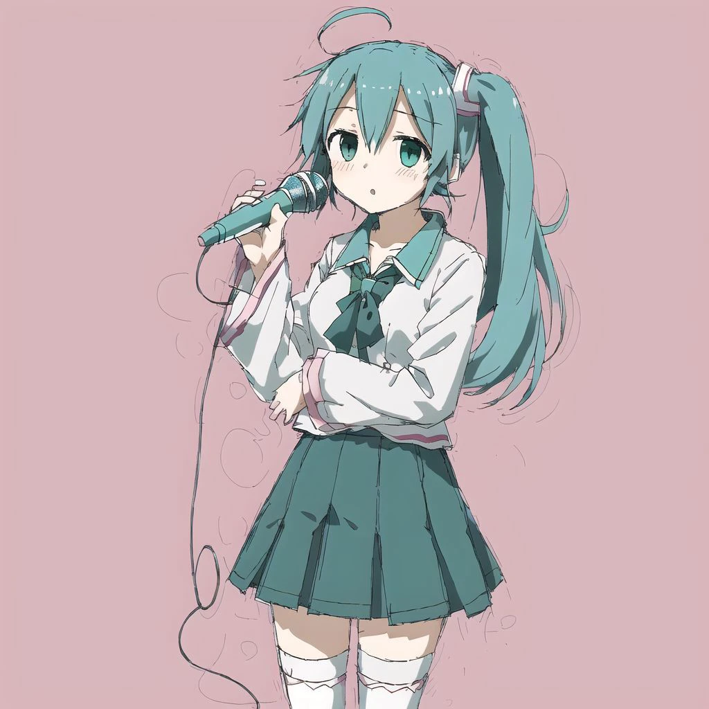 <lora:avas_jun_07-03--tsukumizu_yuu_005-095--ham_rifl_09-01:1>,
blush, cosplay, crossover, detached sleeves, green eyes, hatsune miku \(cosplay\), long hair, magic circle, microphone, parody, pink hair, ponytail, skirt, solo, spring onion, thigh-highs, thighhighs, very long hair, zettai ryouiki, zoom layer, 1280x960
