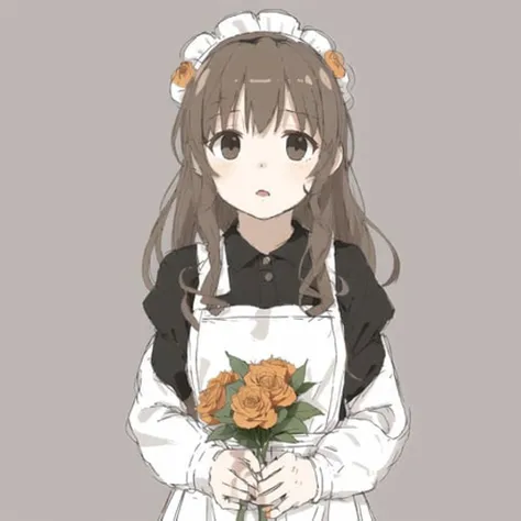 <lora:avas_jun_07-03--tsukumizu_yuu_005-095--ham_rifl_09-01:1>,
1girl, apron, bangs, black dress, brown hair, closed mouth, collared dress, dress, fingernails, flower, frilled apron, frills, grey eyes, highres, holding, holding flower, leaf, lips, long hair, long sleeves, maid, maid apron, maid headdress, orange flower, orange rose, rose, simple background, sleeve cuffs, solo, tan background, twitter username, upper body, white apron, white headdress, yuum1709