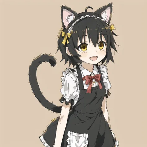 <lora:avas_jun_07-03--tsukumizu_yuu_005-095--ham_rifl_09-01:1>,
1girl, :3, animal ears, apron, black hair, blush, cat day, cat ears, cat tail, chibi, dress, fang, frills, highres, maid, maid apron, maid headdress, open mouth, ribbon, ribbon8holic, short hair, smile, solo, tail, yellow eyes