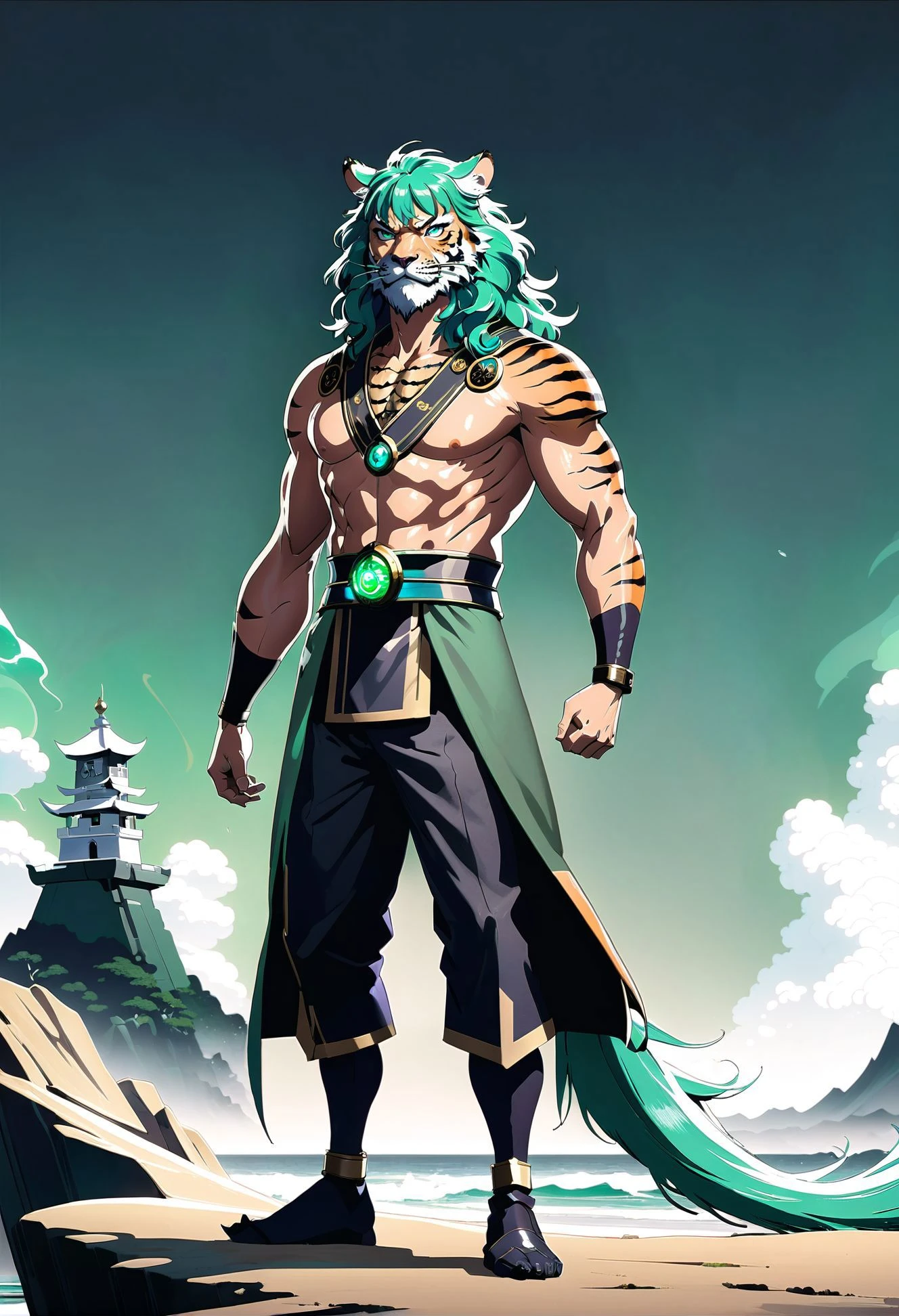 anime, comix, pulp fantasy movie, monster,tiger,wizard's tower, rough digital painting, (full body:1.2), 1boy, man, grizzled, solo, [:formal costume design,:0.2] admiral, , japanese, glowing sea green hair, (athletic:1) build, simple background, rpg character concept art, hourglass figure<lora:EnvyPulpFantasyXL-prod-weighted-000012:1:1:lbw=ALL>
