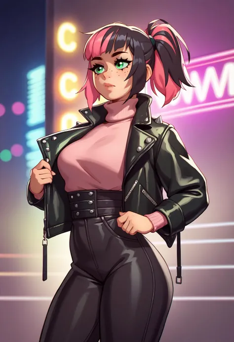 score_9, score_8_up, score_7_up BREAK solo, 1girl, cowboy shot, nightclub, neon lights, bokeh, depth of field, black hair, pink dyed hair, ponytail, bangs, green eyes, freckles, makeup, leather jacket, turtleneck, high waist pants <lora:rizdrawsArtistStyle_v10:1>
