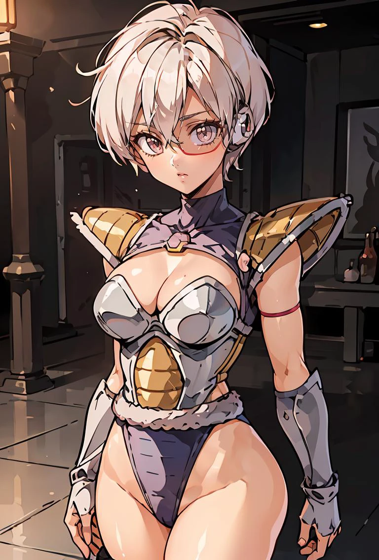 (masterpiece, best quality), 1girl, Golden Ombre Pixie Cut with Tapered Sides, Size DD breasts, <lora:HerrscherAGGA2023_Saiyan_Scouter_V2:0.8> Saiyan Scouter, Saiyan_Scouter, scouter, tinted eyewear, saiyan armor, armor