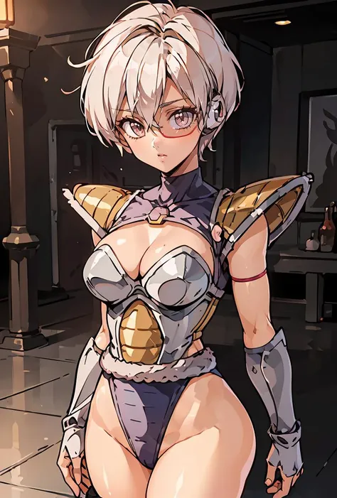 (masterpiece, best quality), 1girl, Golden Ombre Pixie Cut with Tapered Sides, Size DD breasts,  <lora:HerrscherAGGA2023_Saiyan_Scouter_V2:0.8> Saiyan Scouter, Saiyan_Scouter, scouter, tinted eyewear, saiyan armor, armor