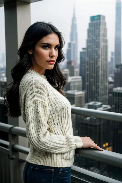 photo of beautiful (D4n14l4Ru4h-135:0.99), a woman, perfect hair, (modern photo), wearing a (long sleeved sweater:1.2) and jeans with jewelry, portrait, 85mm, (analog, cinematic, film grain:1.3), (Future Metropolis, Sprawling cityscape of towering skyscrapers, advanced transport, and holographic tech.), detailed eyes, professional pose, painted lips, (epiCPhoto), (looking at viewer:1.1), (cinematic shot:1.3), (natural lighting, lit from above), <lora:add_detail:0.5>