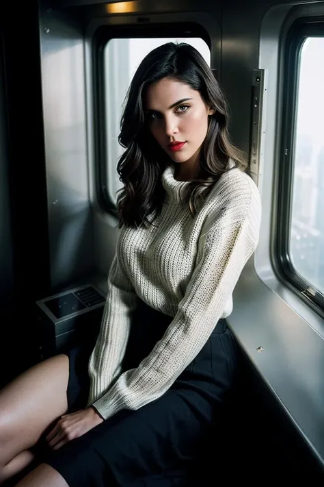 photo of beautiful (D4n14l4Ru4h-135:0.99), a woman, perfect hair, (modern photo), wearing a (long sleeved sweater:1.2) and long skirt with jewelry, portrait, 85mm, (analog, cinematic, film grain:1.3), (Space Station, High-tech environment with zero-gravity corridors, advanced controls, sleep pods, and cosmic views.), detailed eyes, professional pose, painted lips, (epiCPhoto), (looking at viewer:1.1), (cinematic shot:1.3), (natural lighting, lit from above), <lora:add_detail:0.5>