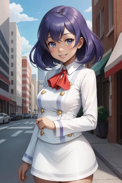 masterpiece, best quality, sina, purple hair, red ascot, white shirt, long sleeves, white miniskirt, looking at viewer, upper body, smile, city street <lora:sina-nvwls-v2:0.9>