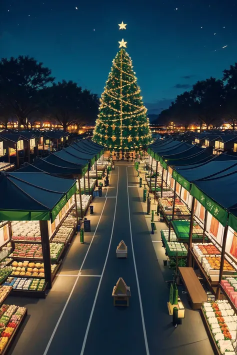 mulitcolored string lights, green theme, green lights, green paint, no humans, winter market, craft market, evening dusk, christmas trees, wide shot, zoom out, 4 point perspective, vantage point