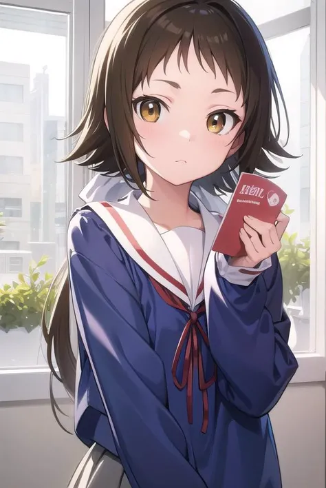 mashiromitsumine, <lyco:mashiromitsumine-lyco-nochekaiser:1>,
mashiro mitsumine, (brown eyes:1.5), brown hair, ponytail, (flat chest:1.2),
BREAK grey skirt, long sleeves, neck ribbon, red ribbon, ribbon, sailor collar, school uniform, skirt, white sailor collar, (blue shirt:1.5),
BREAK looking at viewer, full body,
BREAK indoors, classroom,
BREAK <lyco:GoodHands-beta2:1>, (masterpiece:1.2), best quality, high resolution, unity 8k wallpaper, (illustration:0.8), (beautiful detailed eyes:1.6), extremely detailed face, perfect lighting, extremely detailed CG, (perfect hands, perfect anatomy),