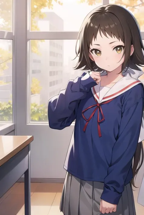 mashiromitsumine, <lyco:mashiromitsumine-lyco-nochekaiser:1>,
mashiro mitsumine, (brown eyes:1.5), brown hair, ponytail, (flat chest:1.2),
BREAK grey skirt, long sleeves, neck ribbon, red ribbon, ribbon, sailor collar, school uniform, skirt, white sailor collar, (blue shirt:1.5),
BREAK looking at viewer, full body,
BREAK indoors, classroom,
BREAK <lyco:GoodHands-beta2:1>, (masterpiece:1.2), best quality, high resolution, unity 8k wallpaper, (illustration:0.8), (beautiful detailed eyes:1.6), extremely detailed face, perfect lighting, extremely detailed CG, (perfect hands, perfect anatomy),